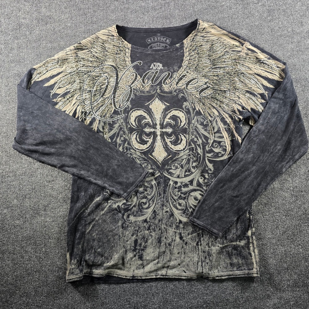 Xzavier Mens XL Thermal Shirt Buckle Exclusive Wings Fleur De Lis Rhinestone Y2K